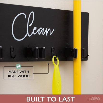 Ilyapa Broom Holder Wall Mount, Black Wooden Mop Storage -3 pole holders-4 Hooks