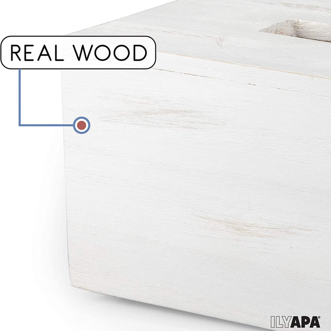 Ilyapa Wood Tissue Box Cover Rectangular - Rustic Farmhouse White Wooden Tissue Holder