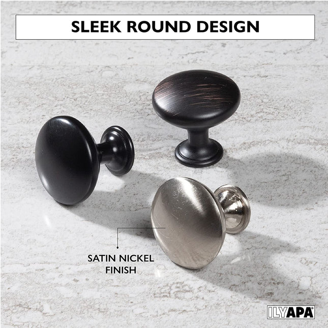 Ilyapa Satin Nickel Kitchen Cabinet Knobs - Round Drawer Handles - 10 Pack of Kitchen Cabinet Hardware
