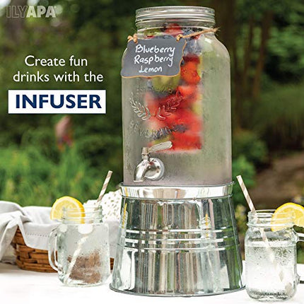Outdoor Glass Beverage Dispenser with Infuser, Ice Bucket Stand, Stainless Steel Spigot & Hanging Chalkboard - 1.5 Gallon Outdoor Drink Dispenser for Lemonade, Tea, Cold Water & More