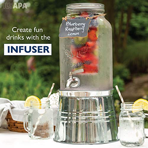 Outdoor Glass Beverage Dispenser with Infuser, Ice Bucket Stand, Stainless Steel Spigot & Hanging Chalkboard - 1.5 Gallon Outdoor Drink Dispenser for Lemonade, Tea, Cold Water & More