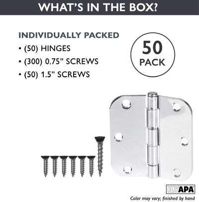 50 Pack of Door Hinges Chrome - 3 ¬¨Œ© x 3 ¬¨Œ© Inch Interior Hinges for Doors with 5/8" Radius Corners