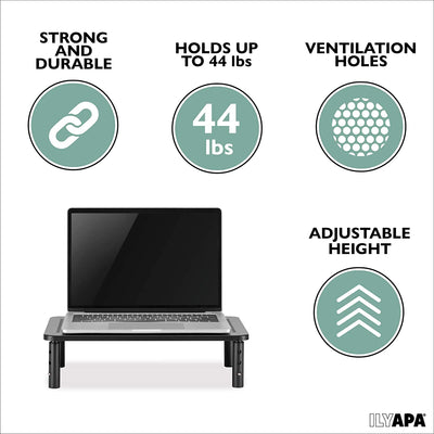 Adjustable Mesh Monitor Stand 2 Pack - Height Adjustable Vented Metal Desktop Risers for Computer Monitors, Laptop, Printer, TV & More