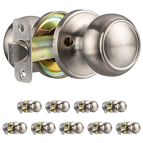 Interior Passage Door Knob - Keyless Hall and Closet Locksets - Hall and Closet - Improved Satin Nickel Finish - (10 Pack)