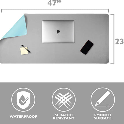 Office Desk Mat, Double Sided Gray & Light Blue - Large 47 x 23 Inch Leather Style Computer Pad for Desk