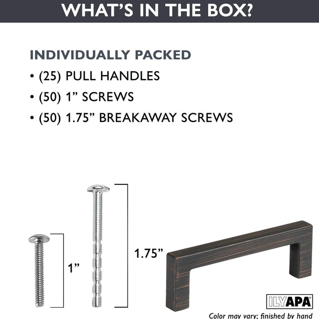 Oil Rubbed Bronze Cabinet Handles - 3 Inch Hole Center Modern Squared Drawer Pulls - 25 Pack of Kitchen Cabinet Hardware