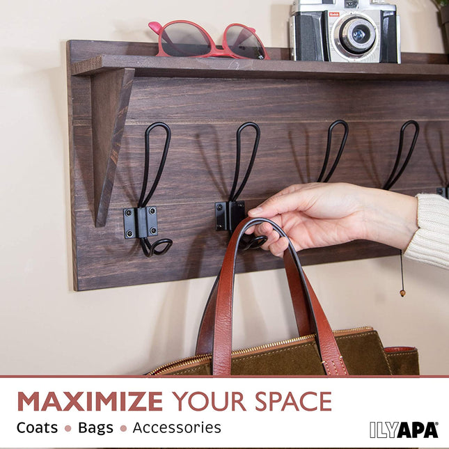 Wall Mounted Coat Rack with Shelf - 24 Inch Rustic Wooden 5 Hook Coat Hanger Rail, Distressed Wood, Black Metal Hooks