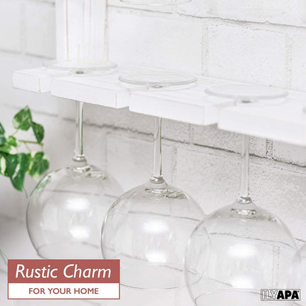 Wine Glass Rack, Wall Mounted - 3 Tier Rustic Weathered White Wood Stemware Storage Holder