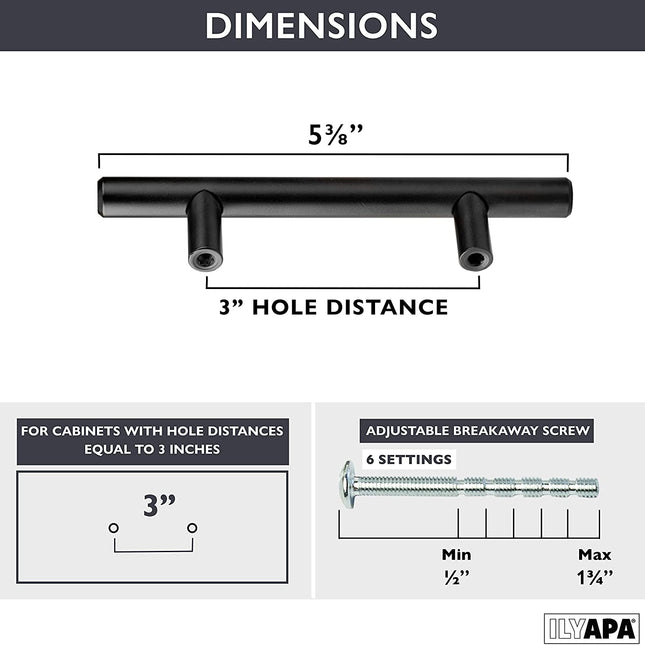 Black Kitchen Cabinet Handles - 3 Inch Hole Center Bar Pulls - 10 Pack of Kitchen Cabinet Hardware