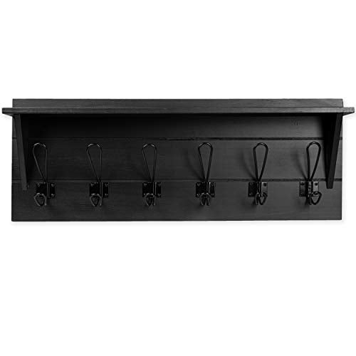 Ilyapa Wooden Coat Rack with Shelf, Wall Mount - Black Wood Hat Hanger with 6 Metal Hooks