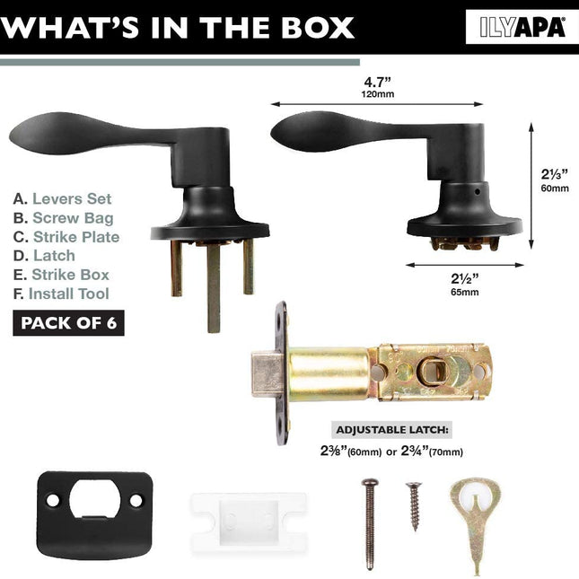 Interior Passage Lever - Keyless Hall and Closet Locksets, Reversible - Hall and Closet - Improved Matte Black Finish - (6 Pack)