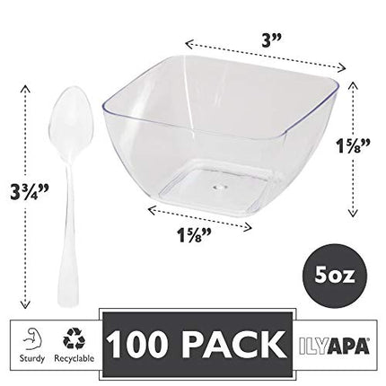 100 Mini Plastic Dessert Cups with Spoons - 5 oz Square Shooters