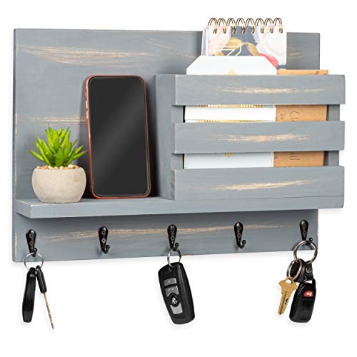 Wood Key and Mail Holder with Shelf - Rustic Gray Wooden Wall Mount Mail Organizer & Key Rack, Decorative