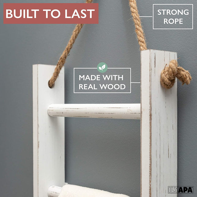 Ilyapa Ladder Towel Rack with Rope for Bathroom - Weathered White Wood Hanging Rustic Home Decor
