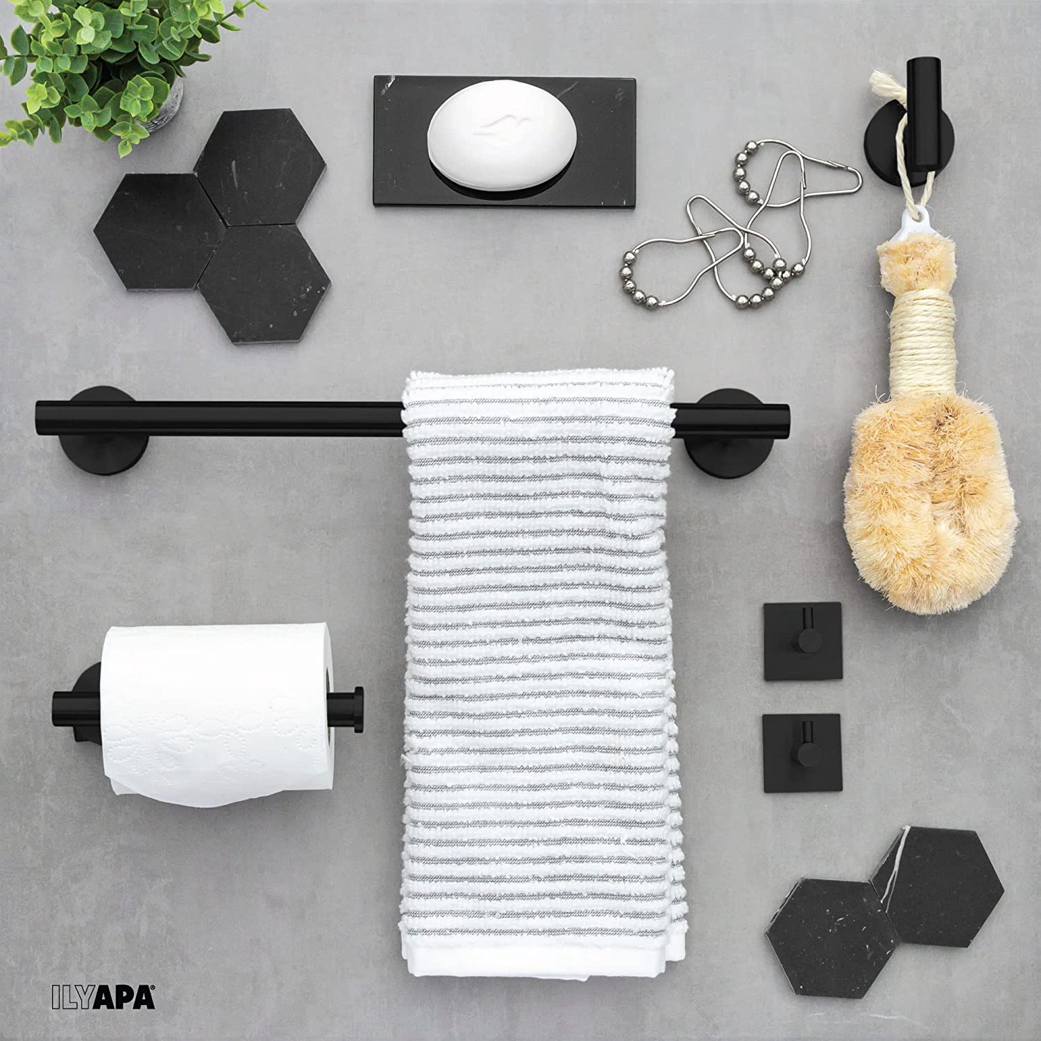 Ilyapa 3 Piece Matte Black Wall Mounted Bathroom Hardware Set - Towel Bar, 1 Big Hook, 2 Small Hooks, Toilet Paper Holder, with Mounting Hardware