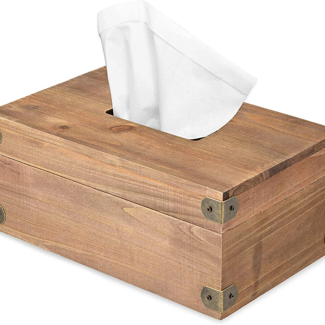 Ilyapa 10 x 6 Rustic Tissue Box Holder - Hinged Lid Tissue Dispenser for Bathroom Living Room Bedroom - Brown Weathered Wood