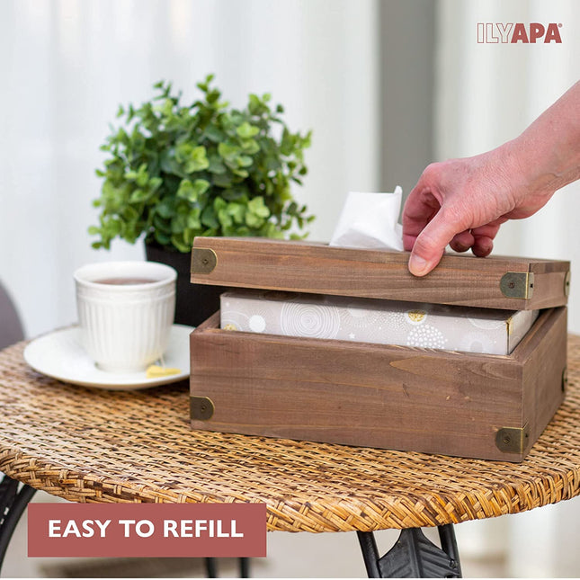 Ilyapa 10 x 6 Rustic Tissue Box Holder - Hinged Lid Tissue Dispenser for Bathroom Living Room Bedroom - Brown Weathered Wood