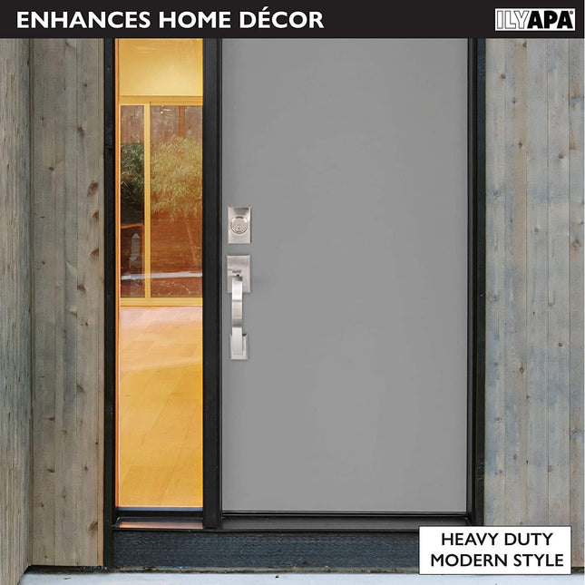 Ilyapa Exterior Door Handleset - Modern, Satin Nickel Low Profile Lock Set Front Door Handle with Single Cylinder Deadbolt and Halifax Lever, Satin Nickel