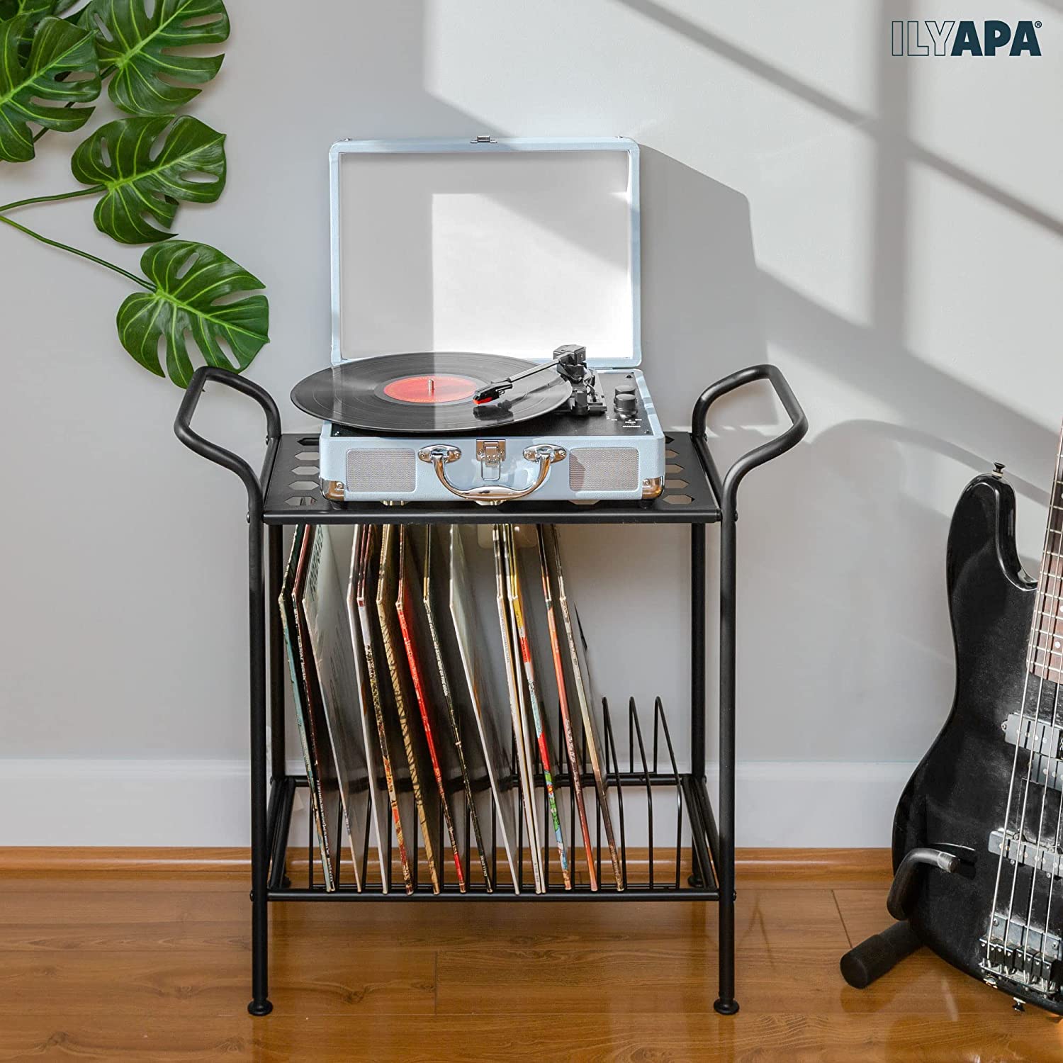 Ilyapa 2-Tier Black Metal Record Player Stand with 14 Slot Vinyl Recor ...