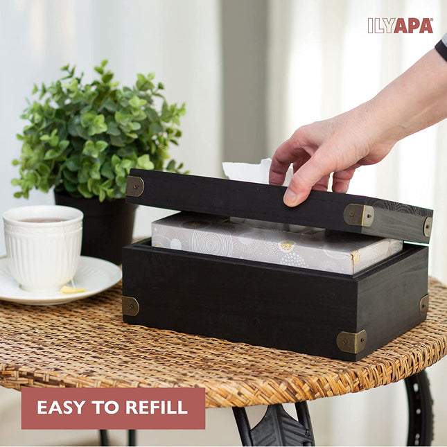Ilyapa 10 x 6 Rustic Tissue Box Holder - Hinged Lid Tissue Dispenser for Bathroom Living Room Bedroom - Black Weathered Wood
