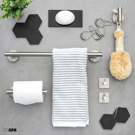 Ilyapa 3 Piece Silver Wall Mounted Bathroom Hardware Set - Towel Bar, 1 Big Hook, 2 Small Hooks, Toilet Paper Holder, with Mounting Hardware