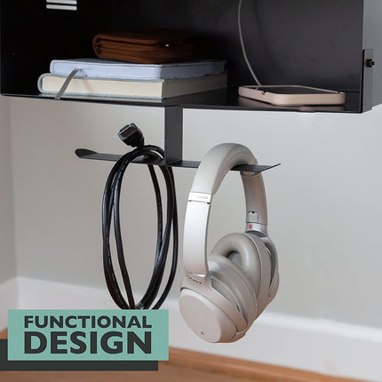 Ilyapa Under Desk CPU Mount with Headphone Hanger - 6 x 15 x 10 Steel Computer Mount with Vented Sides for Home Office Desk - Includes Wood Screws