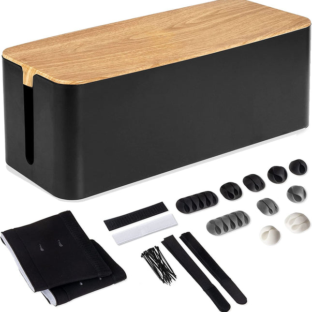 Cable Management Box - Cord Organizer for Wires, Power Strips - with Cable Sleeve, Hook and Loop Strap, Zip Ties, Clips - Black Plastic, Wood Top