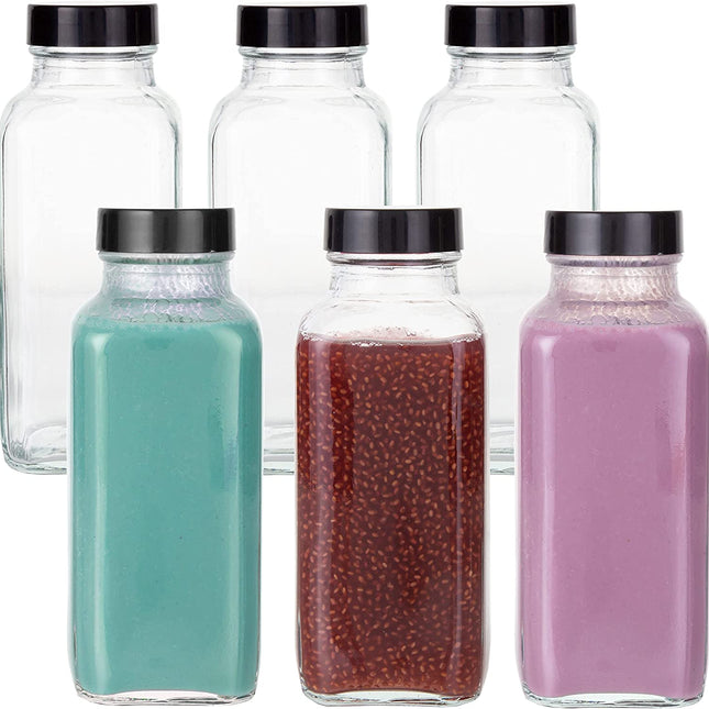 Ilyapa 12 oz Glass Juice Bottle Pack of 6 Glass Drinking Bottles with Lids Perfect For Juice, Milk, Coffee, Tea, Kombucha