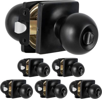 Ilyapa Privacy Door Knobs for Bed and Bath - Ball Style, Square Backplate Matte Black Interior Keyless Turn Thumb Locking Round Door Handle, Matte Black, 6 Pack