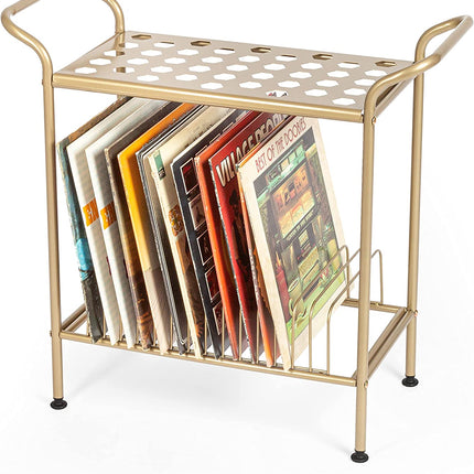 Ilyapa 2-Tier Gold Metal Record Player Stand with 14 Slot Vinyl Record Holder - Turntable Storage with Record Shelf