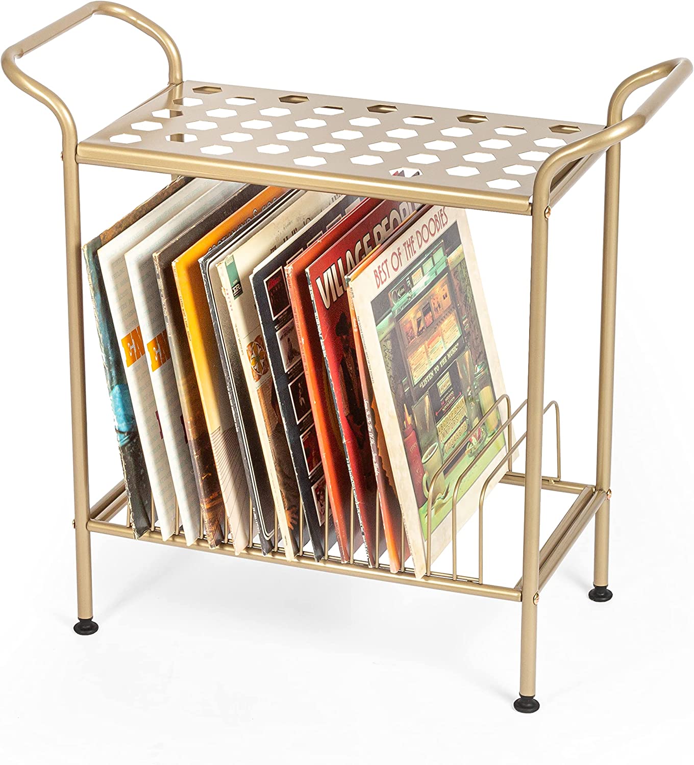 Ilyapa 2-Tier Gold Metal Record Player Stand with 14 Slot Vinyl Record ...