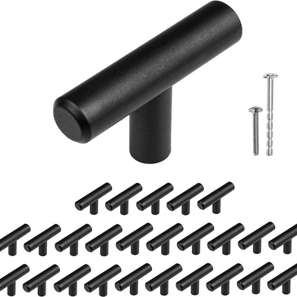 Black Kitchen Cabinet Knobs, 25 Pack - T-Knob Drawer Pull Handle Hardware