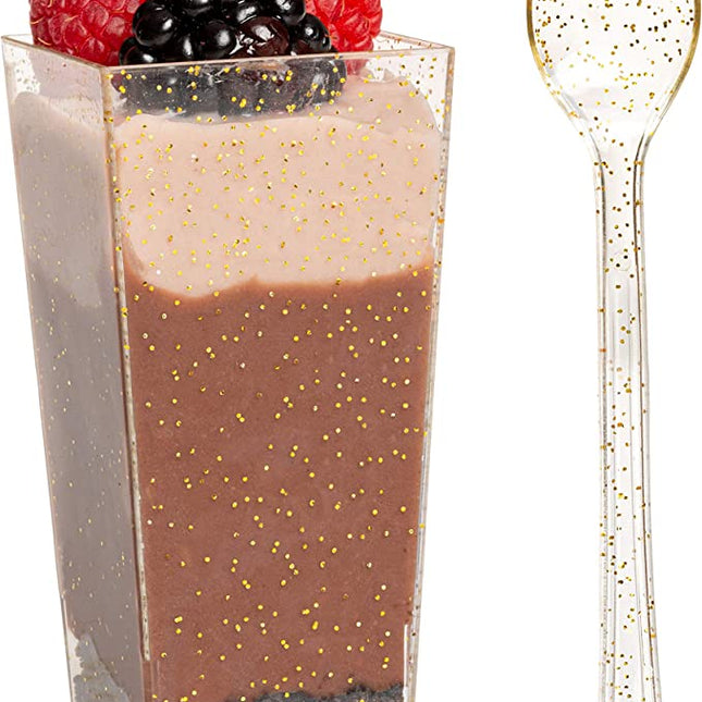 100 Mini Plastic Dessert Cups with Spoons - 3 oz Gold Glitter Dessert Shooters