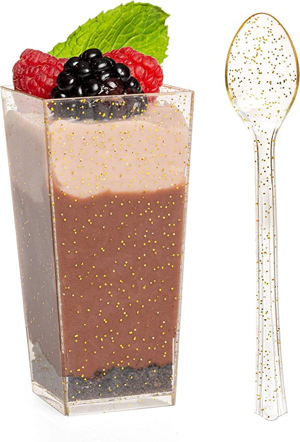 100 Mini Plastic Dessert Cups with Spoons - 2 oz Gold Glitter Dessert -  ilyapa