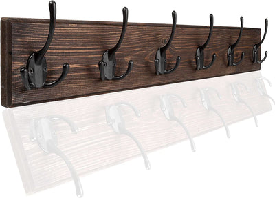 Ilyapa Wall Mounted Coat Rack, Espresso Wooden Coat Hook Rail - 27" with 6 Tri Hooks
