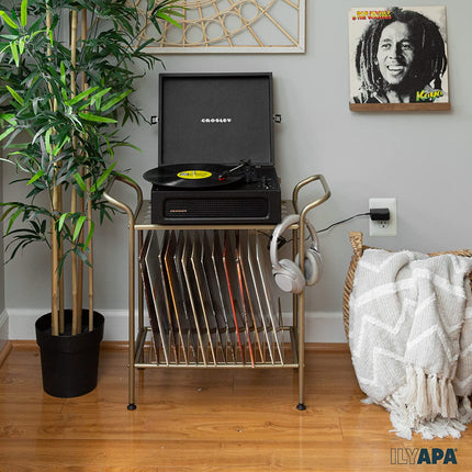 Ilyapa 2-Tier Gold Metal Record Player Stand with 14 Slot Vinyl Record Holder - Turntable Storage with Record Shelf