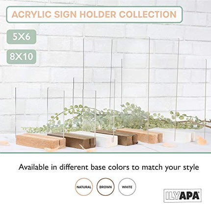 Acrylic Sign Holders with Natural Wood Stands, 8 Pack - Small 5x6 Inch Blank Table Numbers Set for Wedding