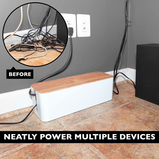 Cable Management Box - Cord Organizer for Wires, Power Strips - with Cable Sleeve, Hook and Loop Strap, Zip Ties, Clips - White Plastic, Wood Top