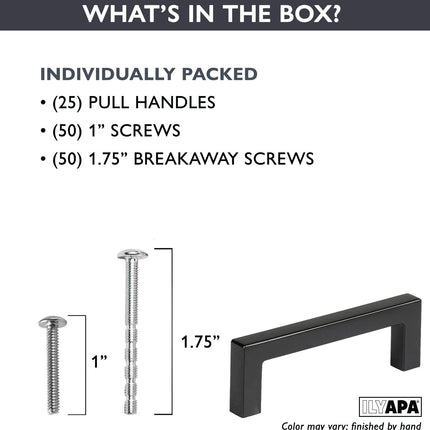 Black Cabinet Handles - 3 Inch Hole Center Modern Squared Drawer Pulls - 25 Pack of Kitchen Cabinet Hardware