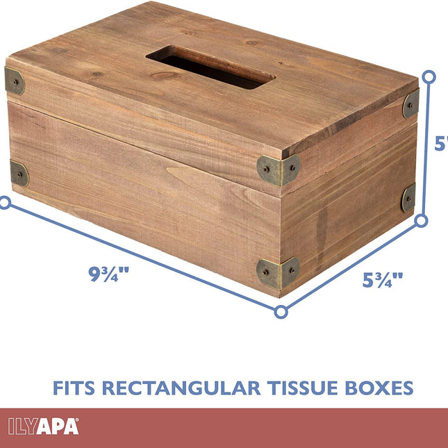 Ilyapa 10 x 6 Rustic Tissue Box Holder - Hinged Lid Tissue Dispenser for Bathroom Living Room Bedroom - Brown Weathered Wood