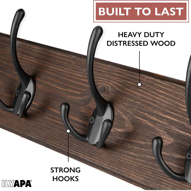 Ilyapa Wall Mounted Coat Rack, Espresso Wooden Coat Hook Rail - 27" with 6 Tri Hooks
