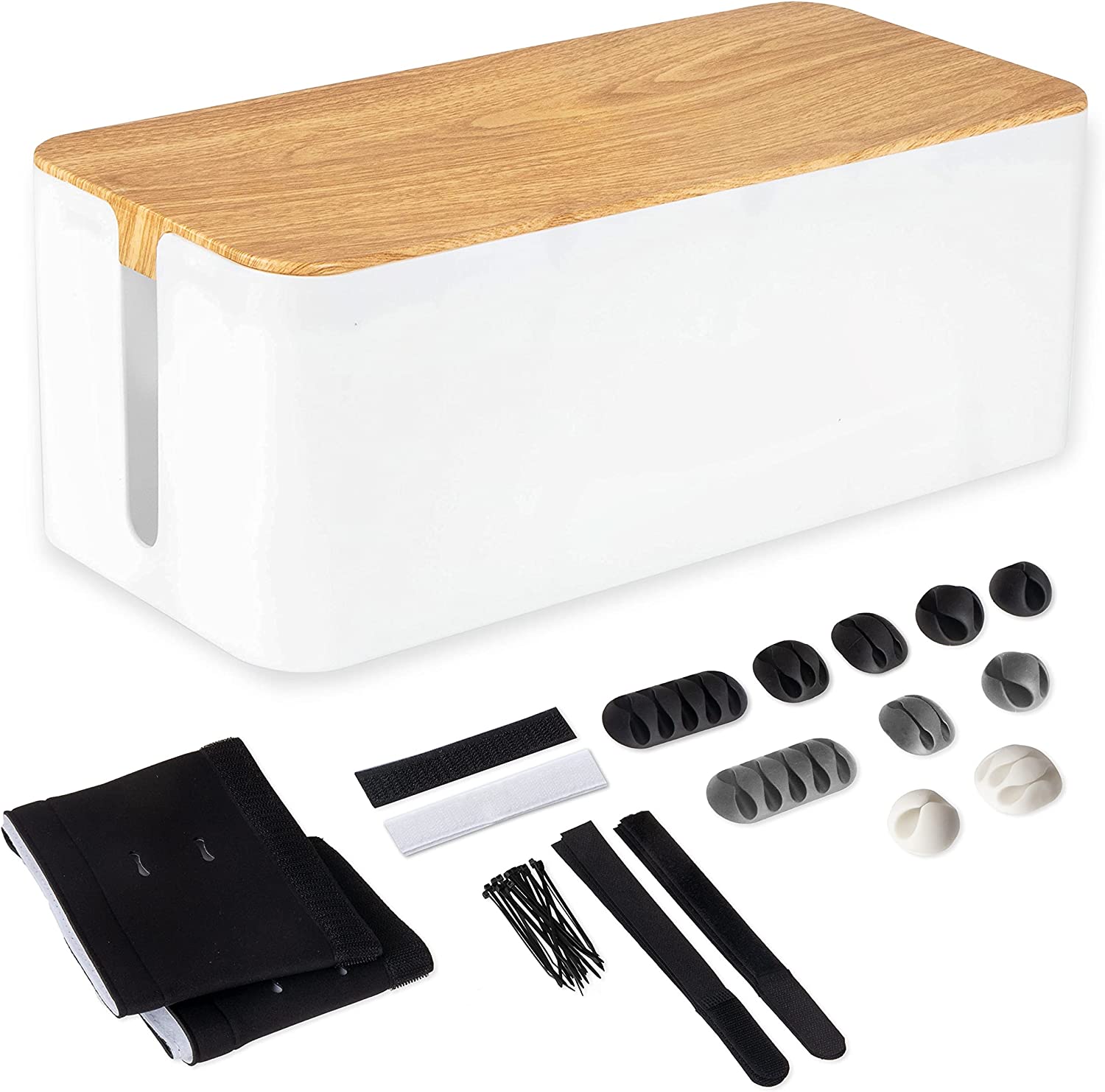 Cable Management Box - Cord Organizer for Wires, Power Strips - with Cable Sleeve, Hook and Loop Strap, Zip Ties, Clips - White Plastic, Wood Top