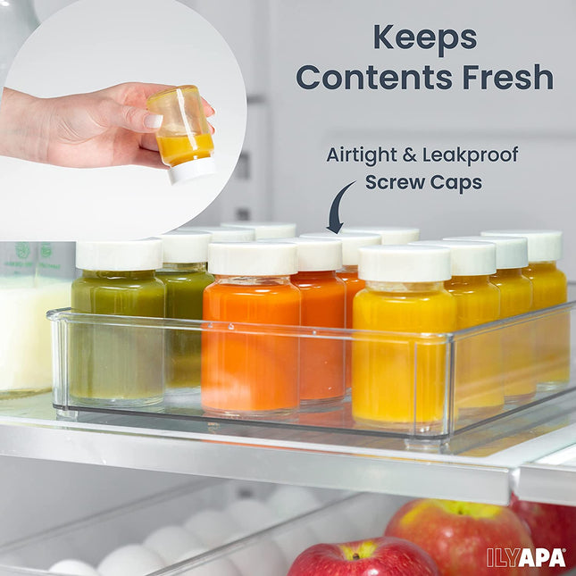 Ilyapa Glass Juice Shot Bottles Pack of 8 - 4oz On The Go Beverage Storage Container with White Cap, Reusable, Leak Proof