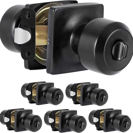 Ilyapa Privacy Door Knob for Bed/Bath - Modern Style, Square Backplate Black Interior Keyless Turn Thumb Locking Round Door Handle, Black