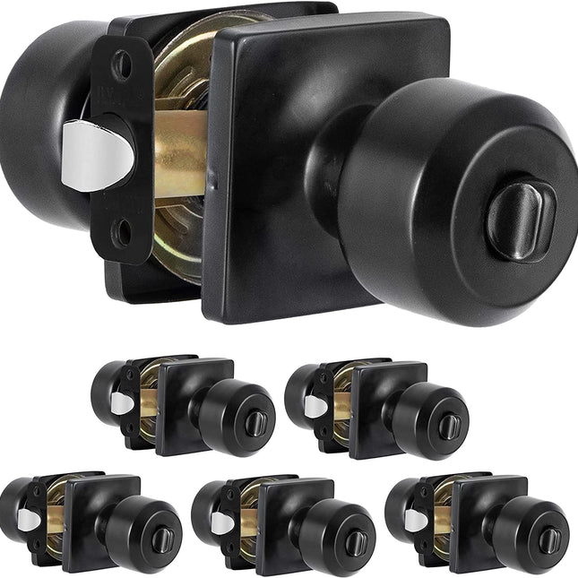 Ilyapa Privacy Door Knob for Bed/Bath - Modern Style, Square Backplate Black Interior Keyless Turn Thumb Locking Round Door Handle, Black