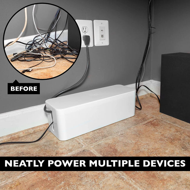 Cable Management Box 2 Pack - Cord Organizer for Wires, Power Strips - Includes Cable Sleeve, Hook and Loop Strap, Zip Ties, Clips - White Plastic