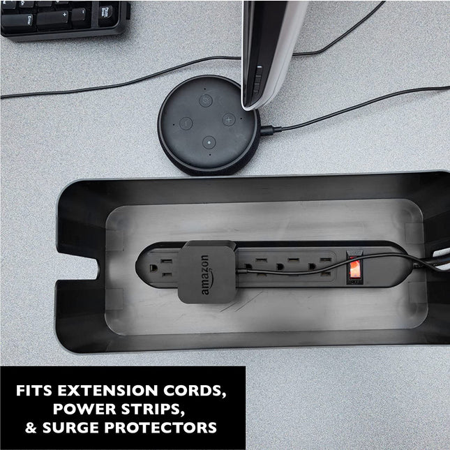 Cable Management Box - Cord Organizer for Wires, Power Strips - with Cable Sleeve, Hook and Loop Strap, Zip Ties, Clips - Black Plastic, Wood Top