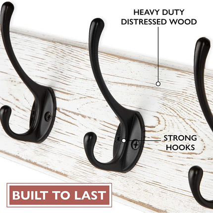 Ilyapa Wall Mounted Coat Rack, White Wooden Coat Hook Rail - 27" with 6 Retro Hooks