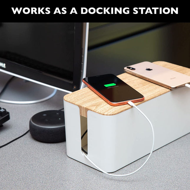 Cable Management Box - Cord Organizer for Wires, Power Strips - with Cable Sleeve, Hook and Loop Strap, Zip Ties, Clips - White Plastic, Wood Top