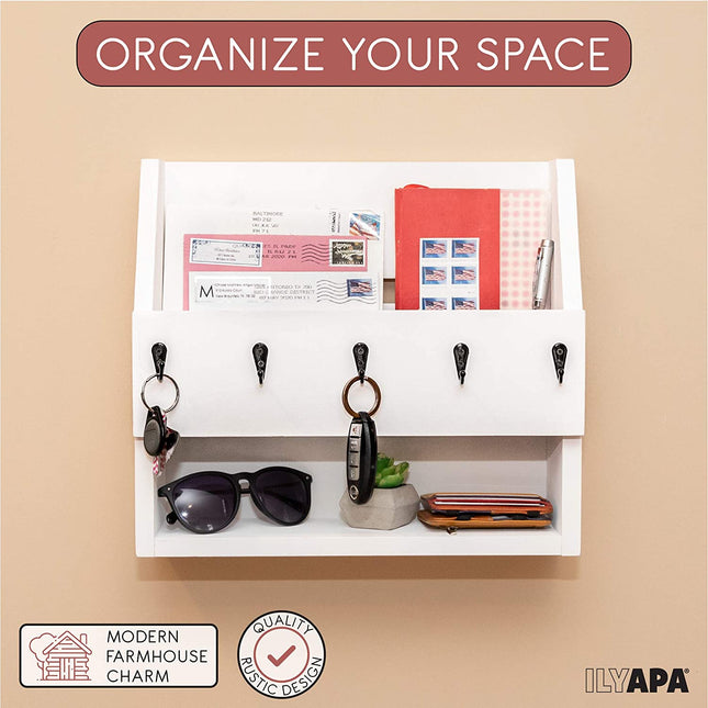 Ilyapa Rustic White Wooden Key and Mail Holder with Shelf - Wall Mounted